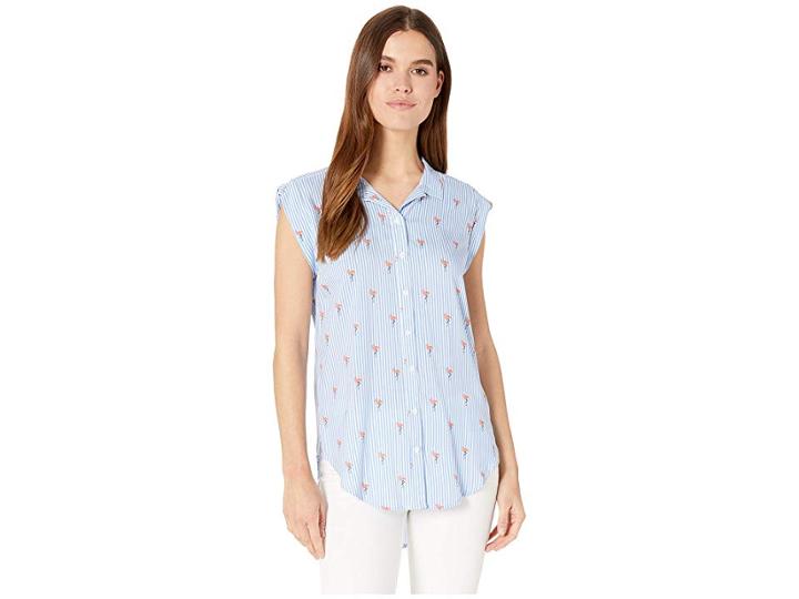 Per Se Cap Sleeve High-low Button Down Shirt (blue/white Flamingo) Women's Clothing