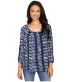 Lucky Brand Printed Knit And Lace Top (blue Multi) Women's Long Sleeve Pullover