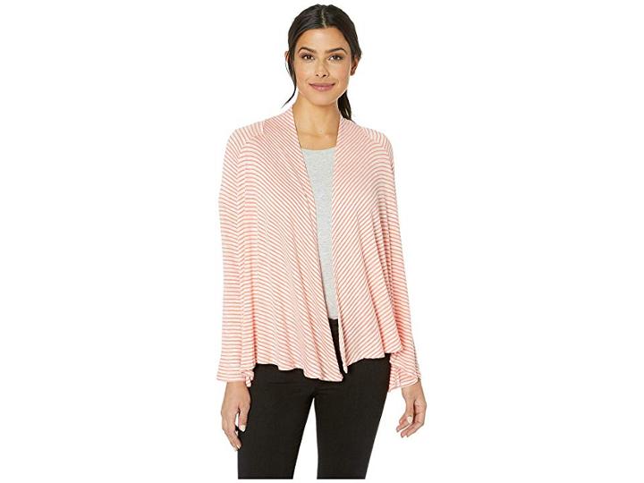 Bobeau Striped Cardigan (coral/ivory Stripe) Women's Sweater