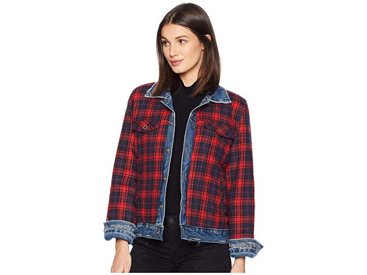 Blank Nyc Reversible Plaid And Denim Trucker Jacket In American Pie (american Pie) Women's Coat
