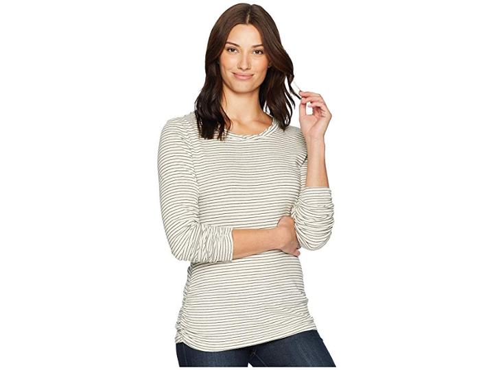 Mod-o-doc Heathered Jersey Stripe Twisted Collar Side Shirred Long Sleeve Tee (winter White) Women's T Shirt