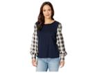 Two By Vince Camuto Smocked Shoulder Mix Media Plaid Slub Top (classic Navy) Women's Clothing
