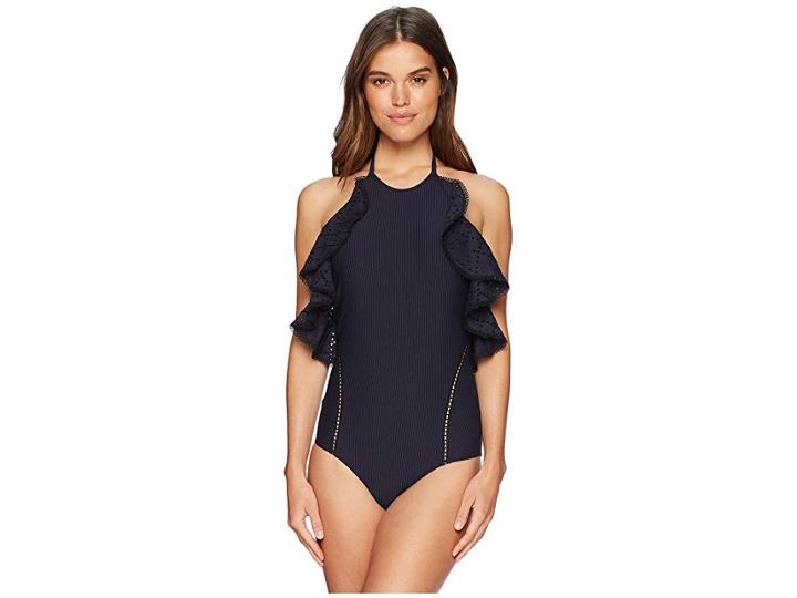 Jonathan Simkhai Seersucker Ruffle One-piece (midnight/black Combo) Women's Swimsuits One Piece