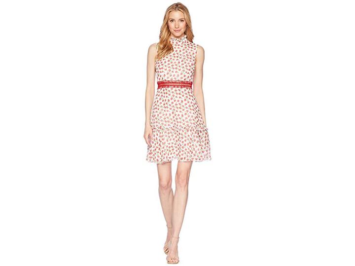 Donna Morgan Sleeveless Printed Chiffon Fit And Flare With Waist Faggoting Detail (ivory/ruby Red Multi) Women's Dress