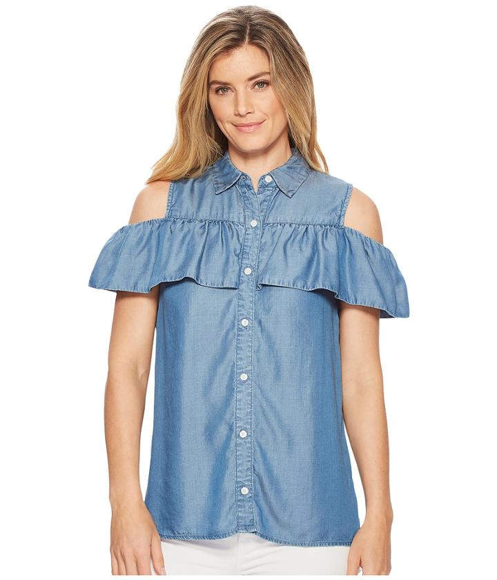 Michael Michael Kors Flounce Button Up Top (light Cadet Wash) Women's Clothing