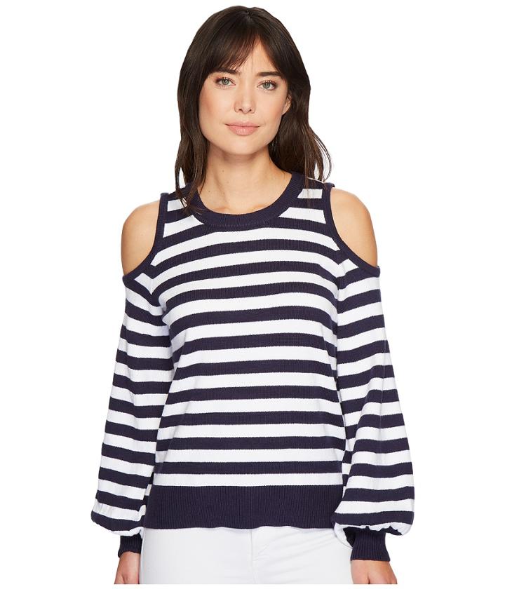 Michael Michael Kors Striped Cold Shoulder Sweater (true Navy) Women's Sweater