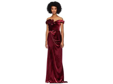 Marchesa Off Shoulder Velvet Column Gown W/ Floral Corset (bordeaux) Women's Dress