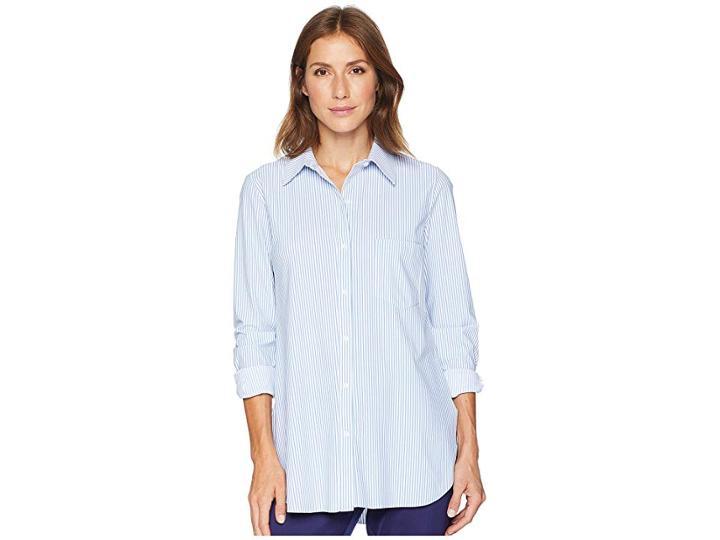 Lysse Schiffer Stretch Microfiber Button Down (blue Stripe) Women's Long Sleeve Button Up