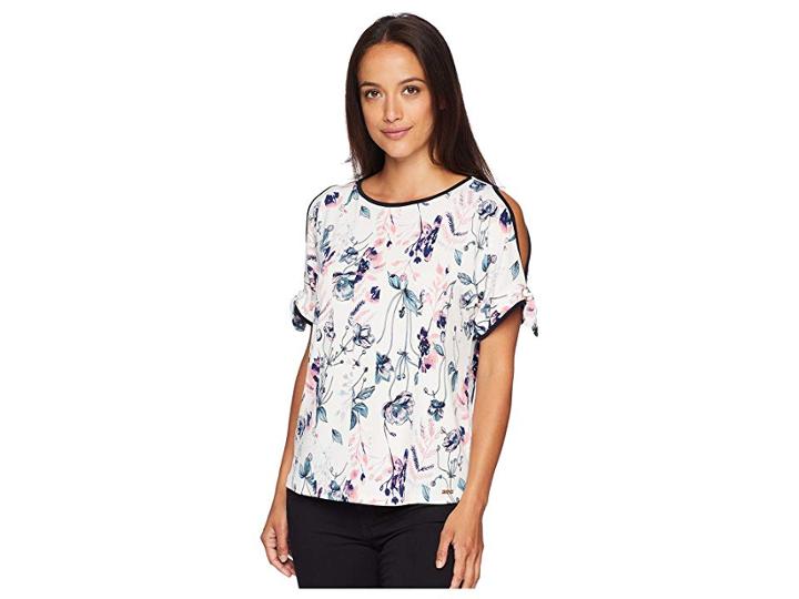 Ivanka Trump Printed Cold Shoulder Top With Open Hem (ivory/gumdrop) Women's Clothing