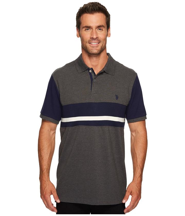 U.s. Polo Assn. Classic Fit Color Block Short Sleeve Pique Polo Shirt (dark Heather Grey) Men's Short Sleeve Pullover
