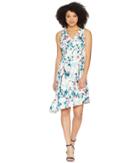 Maggy London Printed Scuba Sheath With Asymmetric Hem (soft White/flamingo) Women's Dress