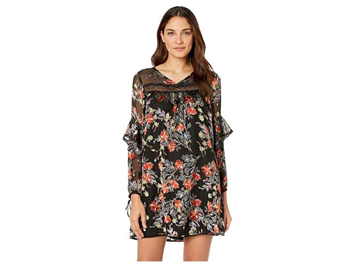 Miss Me Lace Trim Ruffle Sleeve Floral Burnout Mini Dress (multi Black) Women's Dress