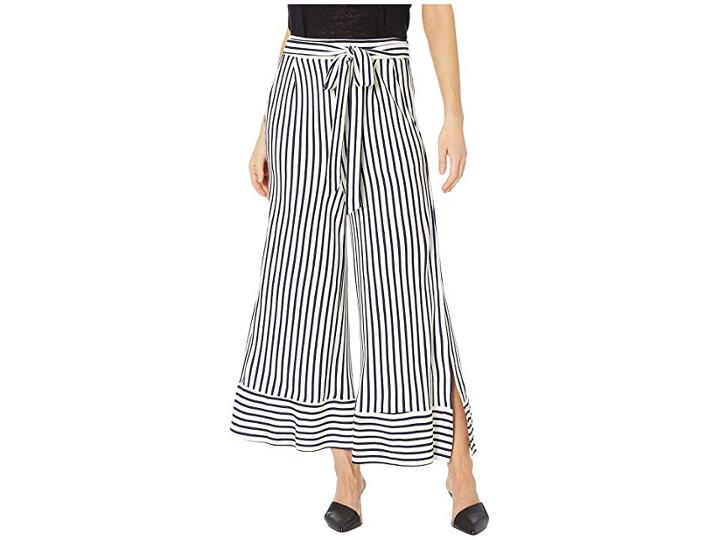 Eci Nautical Stripe Knit Pants With Side Slits And Belt (ivory/navy) Women's Casual Pants