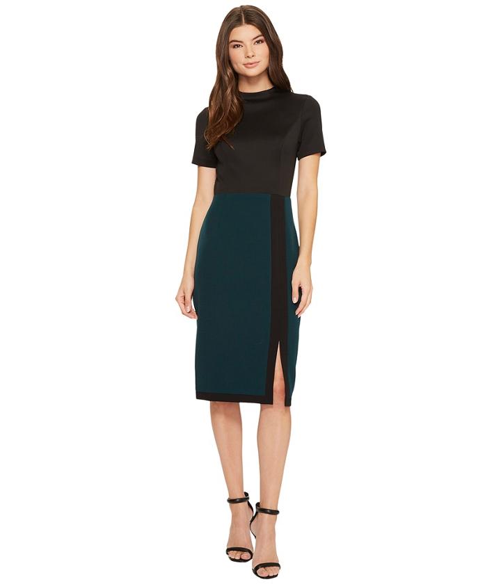 Adrianna Papell Scuba And Crepe Color Blocked Sheath (hunter/black) Women's Dress