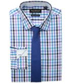 Nick Graham Multi Check Stretch Shirt With Textured Solid Tie (purple/aqua) Men's Long Sleeve Button Up
