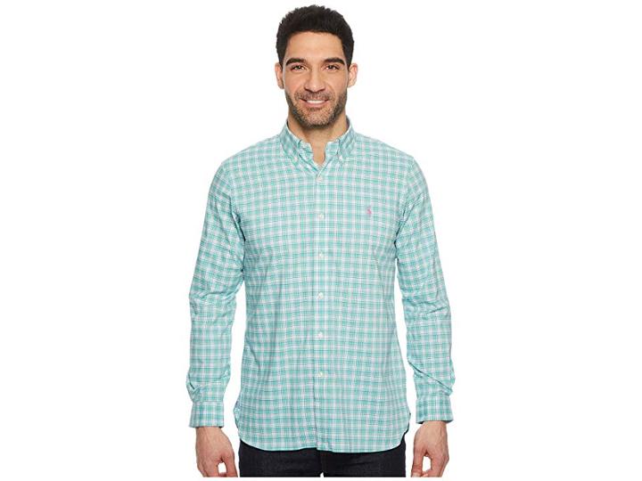 Polo Ralph Lauren Poplin Long Sleeve Sport Shirt (vine Green/magenta Multi) Men's Clothing