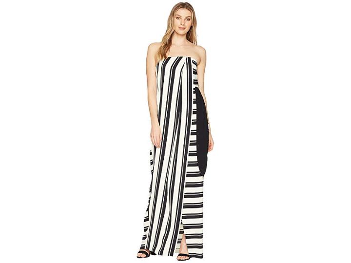 Halston Heritage Strapless Striped Tie Waist Detail Gown (black/cream Stripe) Women's Dress