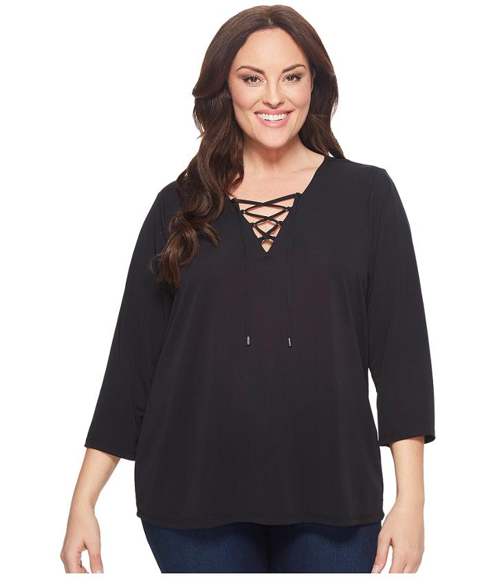 Calvin Klein Plus Plus Size Three-quarter Sleeve Lace-up Top (black) Women's Long Sleeve Pullover