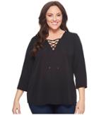 Calvin Klein Plus Plus Size Three-quarter Sleeve Lace-up Top (black) Women's Long Sleeve Pullover