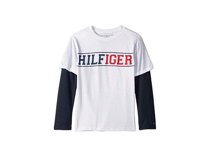 Tommy Hilfiger Kids Long Sleeve Crew Neck Shirt (big Kids) (white) Boy's Clothing