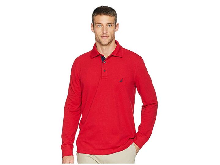 Nautica Long Sleeve Solid Polo (nautica Red) Men's Long Sleeve Pullover