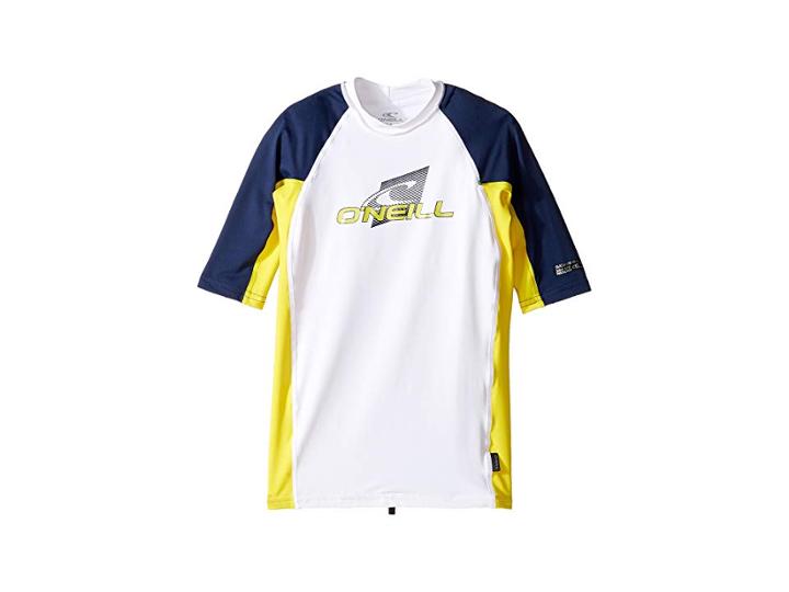 O'neill Kids Skins Short Sleeve Crew (little Kids/big Kids) (white/yellow/navy) Kid's Swimwear