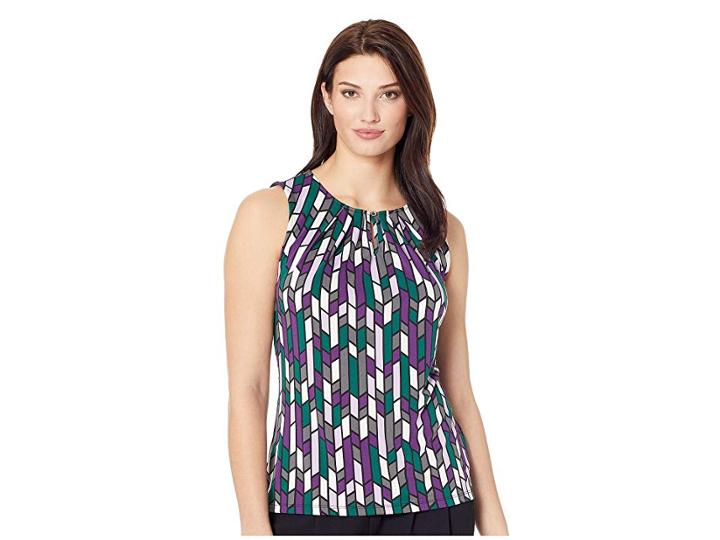 Tahari By Asl Printed Knit Keyhole Neck (plum/green/grey) Women's Clothing