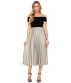 Donna Morgan Off Shoulder Midi Dress With Velvet Top And Pleated Jersey Skirt (black/pale Gold) Women's Dress