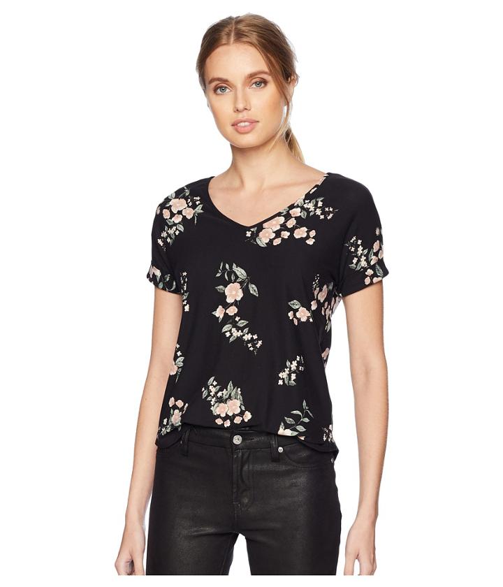 Pink Rose Short Dolman Sleeve V-neck Shirttail Top W/ Back Yoke (black Blossom Floral) Women's Clothing
