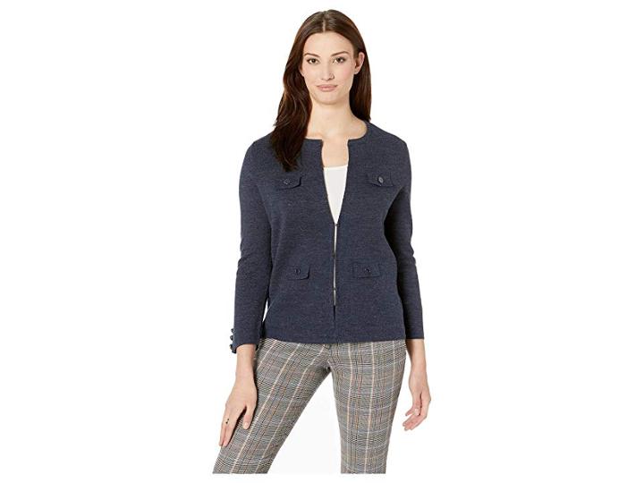 Anne Klein Solid Cardigan With Pocket Flaps (denim Heather) Women's Clothing