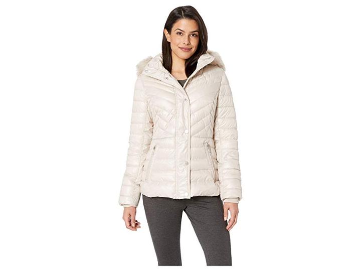 Kenneth Cole New York Faux Fur Trimmed Short Puffer (bone) Women's Coat