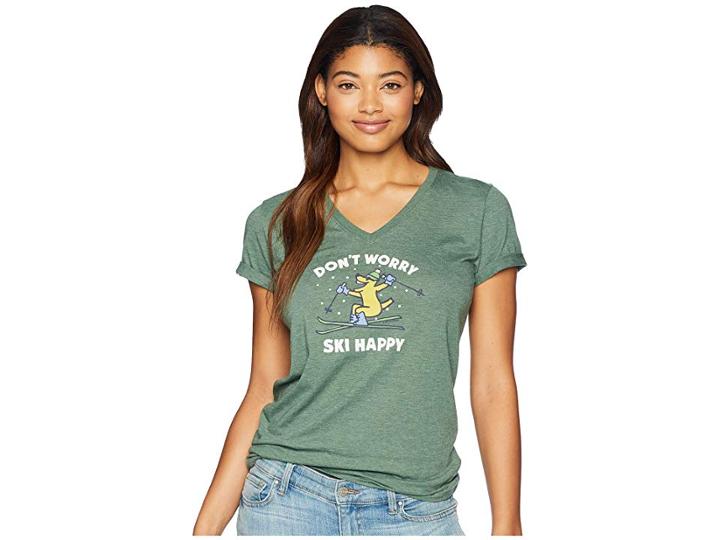 Life Is Good Don't Worry Ski Happy Cool Vee T-shirt (forest Green) Women's T Shirt