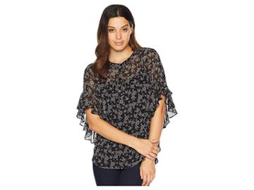 Two By Vince Camuto Flutter Sleeve Ditsy Roses Henley Blouse (rich Black) Women's Blouse