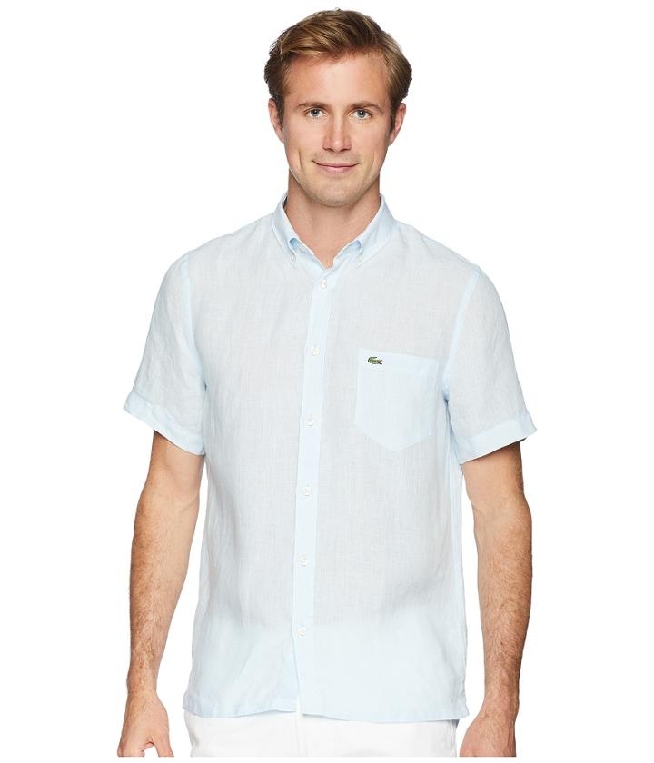 Lacoste Short Sleeve Solid Linen Button Down Collar Regular (rill) Men's Short Sleeve Button Up