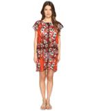 Fuzzi Single Layer Off The Shoulder Flower Print Cover-up (red Flame) Women's Clothing