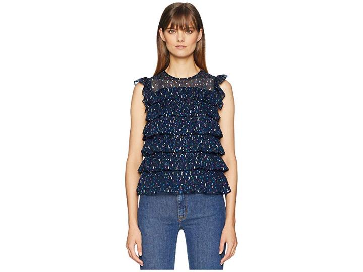 Rebecca Taylor Sleeveless Dot Ruffle Top (navy Combo) Women's Sleeveless