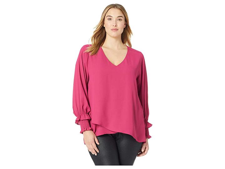 Karen Kane Plus Plus Size Smocked Sleeve Crossover Top (cherry) Women's Clothing