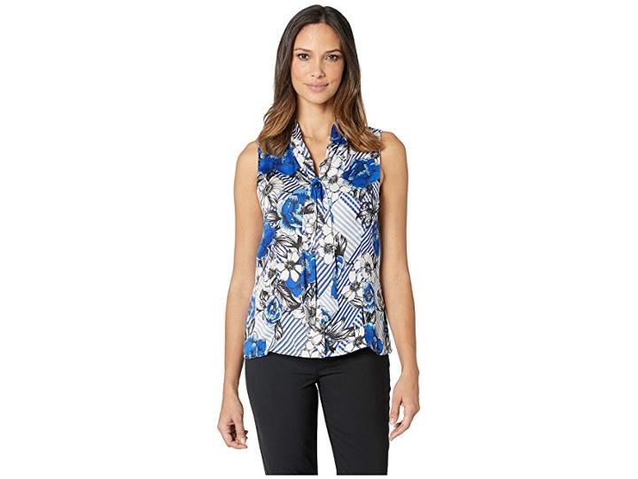 Tahari By Asl Stripe And Floral Low Bow Blouse (cobalt/ivory/black) Women's Clothing