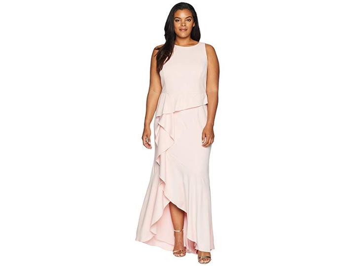 Adrianna Papell Plus Size Sleeveless Long Knit Crepe Gown With Cascade Skirt Detail (pale Shell) Women's Dress