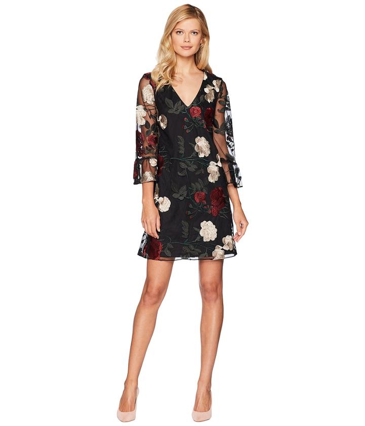 Eci V-neck Ruffle Sleeve Embroidered Mesh A-line Dress (black/multi) Women's Dress