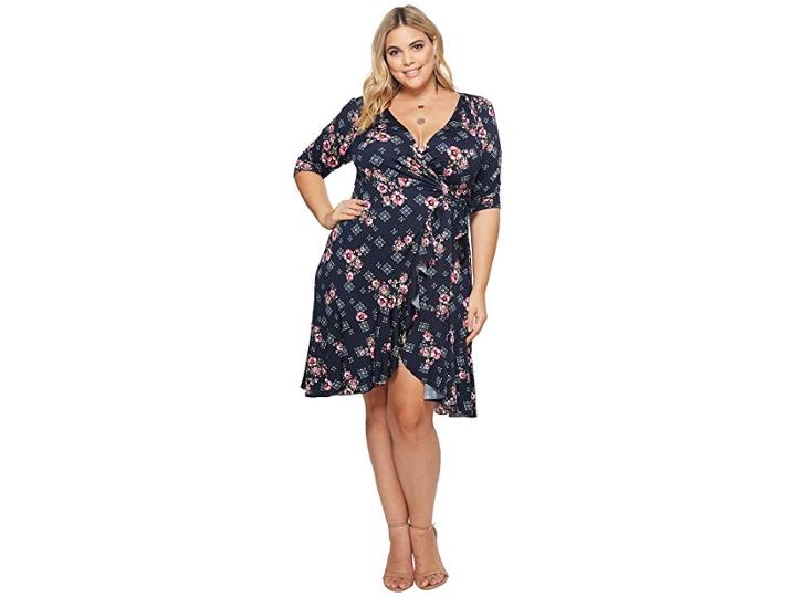 Kiyonna Flirty Flounce Wrap Dress (navy Rose Print) Women's Dress