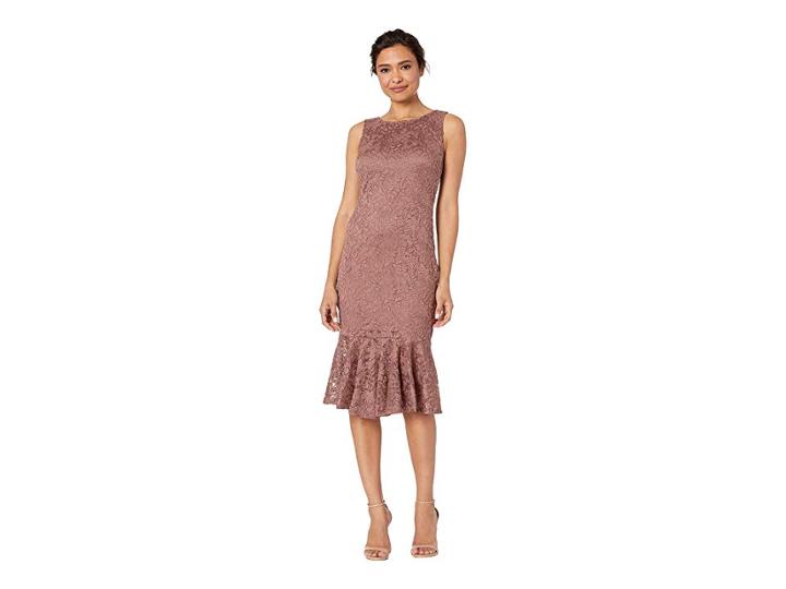 Marina Sleeveless Glitter Lace Midi Dress With Bottom Flounce (cafe) Women's Dress