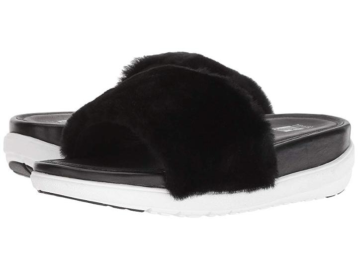 Fitflop Loosh Luxetm Slide Sandals (black Shearling) Women's  Shoes
