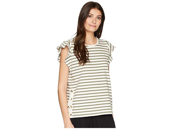 Lauren Ralph Lauren Striped Cotton Flutter Sleeve T-shirt (mascarpone Cream/sage Moss) Women's T Shirt