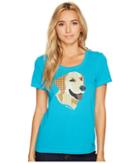 Life Is Good Yellow Lab Patchwork Crusher Scoop (cool Turquoise) Women's Short Sleeve Pullover