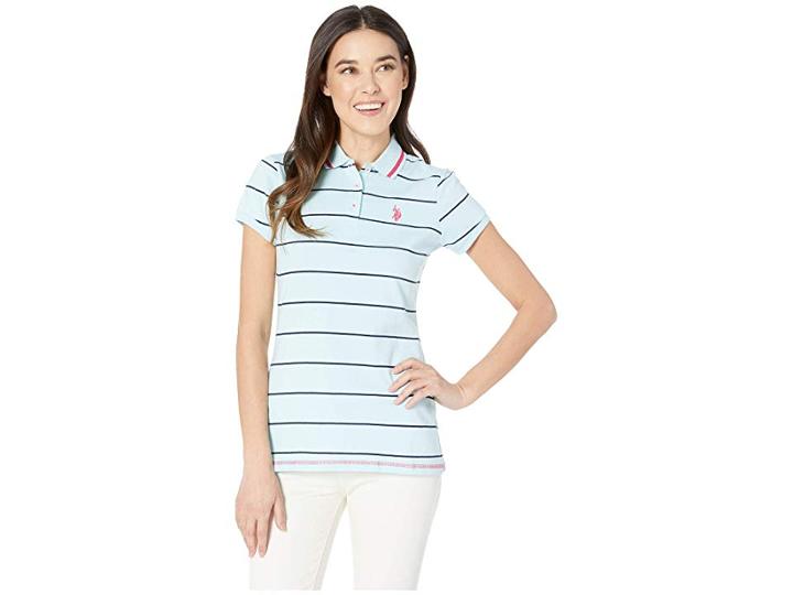 U.s. Polo Assn. Striped Jersey Polo (clearwater Blue) Women's Short Sleeve Pullover