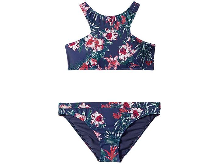 Roxy Kids Surf The Desert Crop Top Swim Set (big Kids) (crown Blue Flower Games) Girl's Swimwear Sets