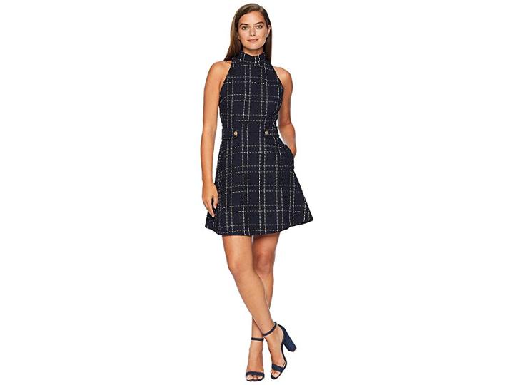 Alexia Admor Belted Mock Neck Fit Flare Dress (navy/gold) Women's Dress