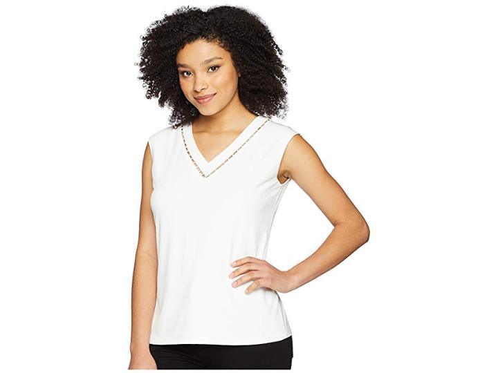 Calvin Klein Sleeveless V-neck W/ Pearl Detail (soft White) Women's Sleeveless