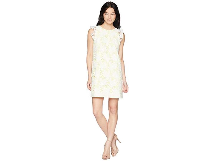 Tahari By Asl Petite Ruffle Sleeve Novelty Sheath Dress (white/lemon) Women's Dress
